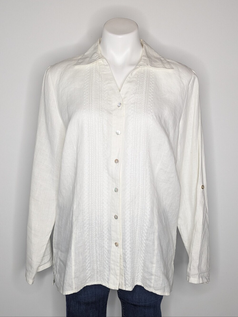 Ecologie White Embroidered Long Sleeve Button Up Linen Top L